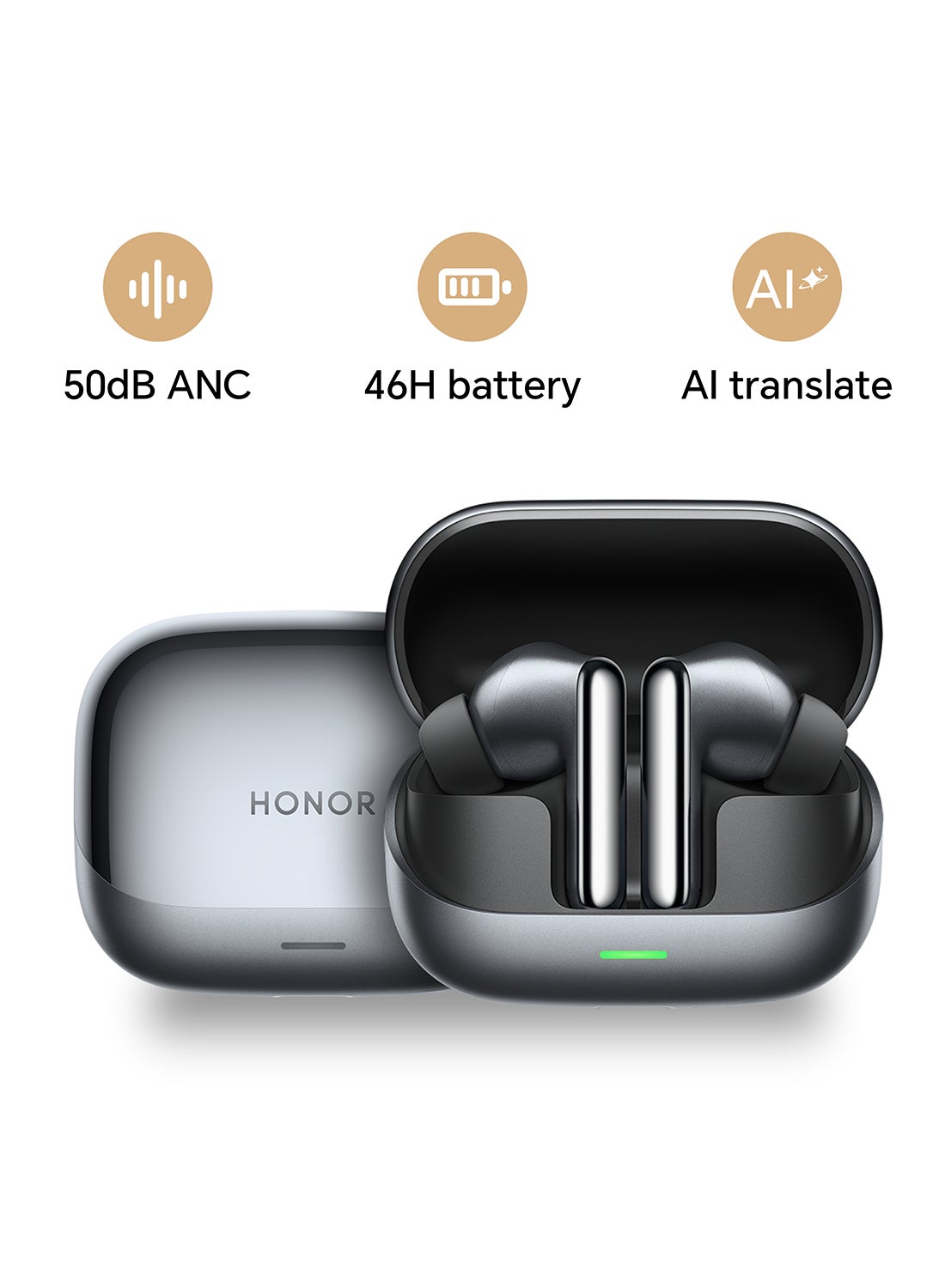 HONOR Earbuds 4 with AI Translation, 50db adaptive, 46H Battery Life, Dual Drivers(11mm+6mm), 3-Mic AI Call Noise Reduction, IP54 Water Resistant, Starlit Black