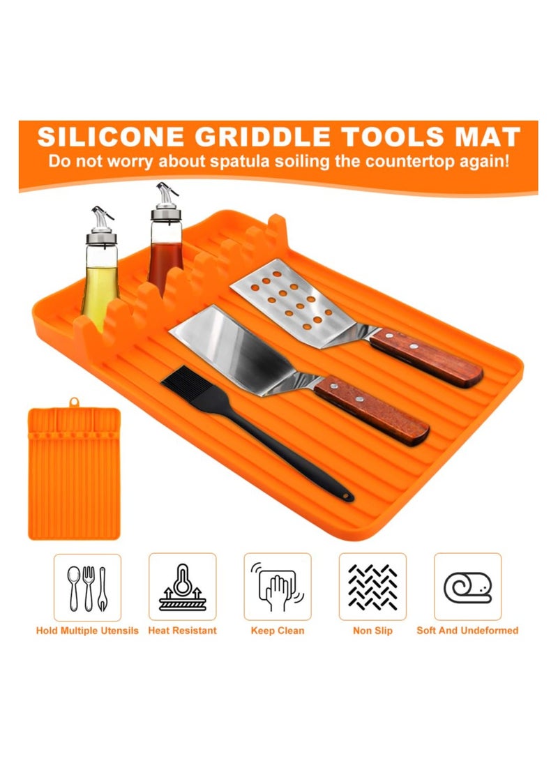 Silicone Griddle Tools Mat, Large Silicone Spatula Mat with Drip Pad, Reusable Black-stone Griddle Accessories, Heat-Resistant Grill BBQ Caddy Utensils Holder for Kitchen, Cooking & Countertop