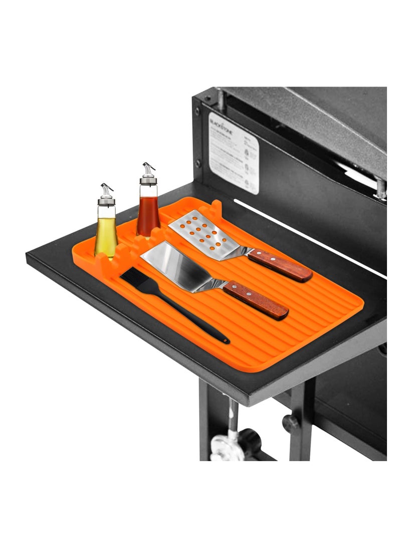 Silicone Griddle Tools Mat, Large Silicone Spatula Mat with Drip Pad, Reusable Black-stone Griddle Accessories, Heat-Resistant Grill BBQ Caddy Utensils Holder for Kitchen, Cooking & Countertop