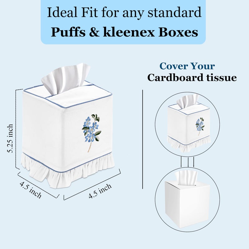 Ridhi Embroidered Blue Floral Premium 400 TC White Cotton Tissue Box Cover with Velcro Closure Soft Decorative Napkin Holder for Kitchen Living Room Dinning Gift for Valentine, Spring, Easter - Image 3