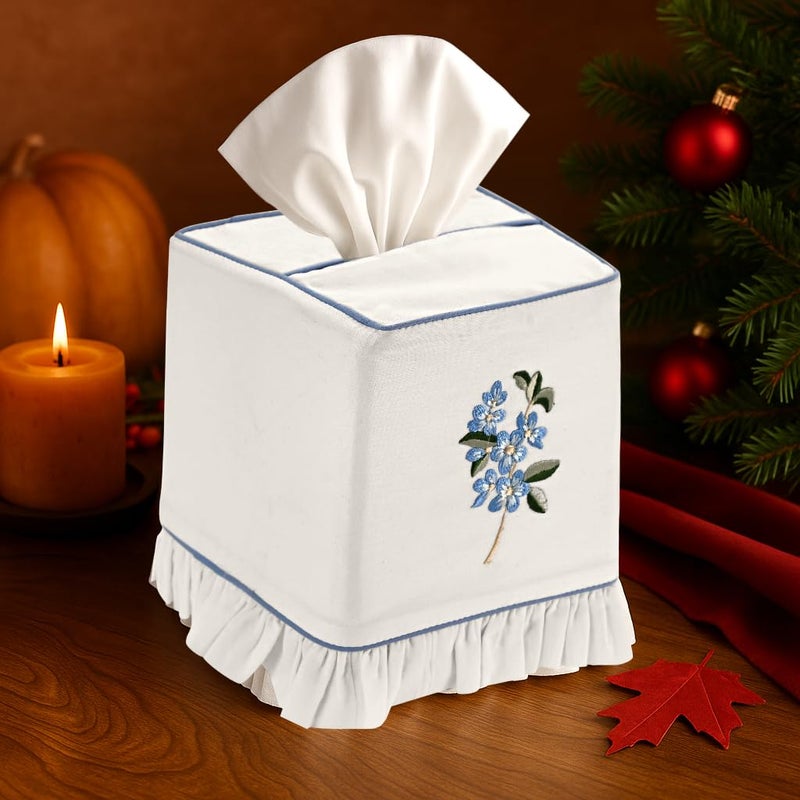 Ridhi Embroidered Blue Floral Premium 400 TC White Cotton Tissue Box Cover with Velcro Closure Soft Decorative Napkin Holder for Kitchen Living Room Dinning Gift for Valentine, Spring, Easter - Image 2