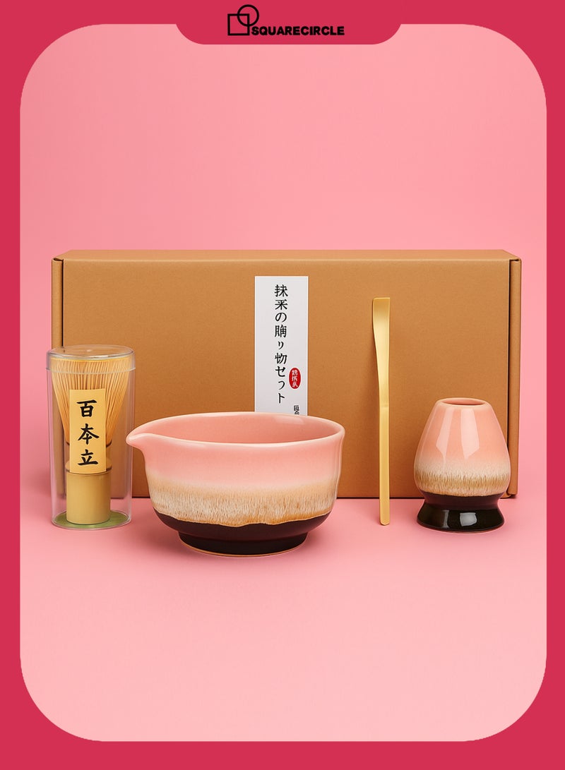 Squarecircle 4-piece Japanese Matcha Set with Spout, Ceramic Matcha Bowl+Whisk Holder+Bamboo Whisk+Spoon,for Traditional Tea Ceremony-Coarse Ceramic Perfect Handmade Matcha Kit to Prepare Traditional Matcha Tea, 100% Natural Matcha Gift Kit (Pink gradient) - Image 1