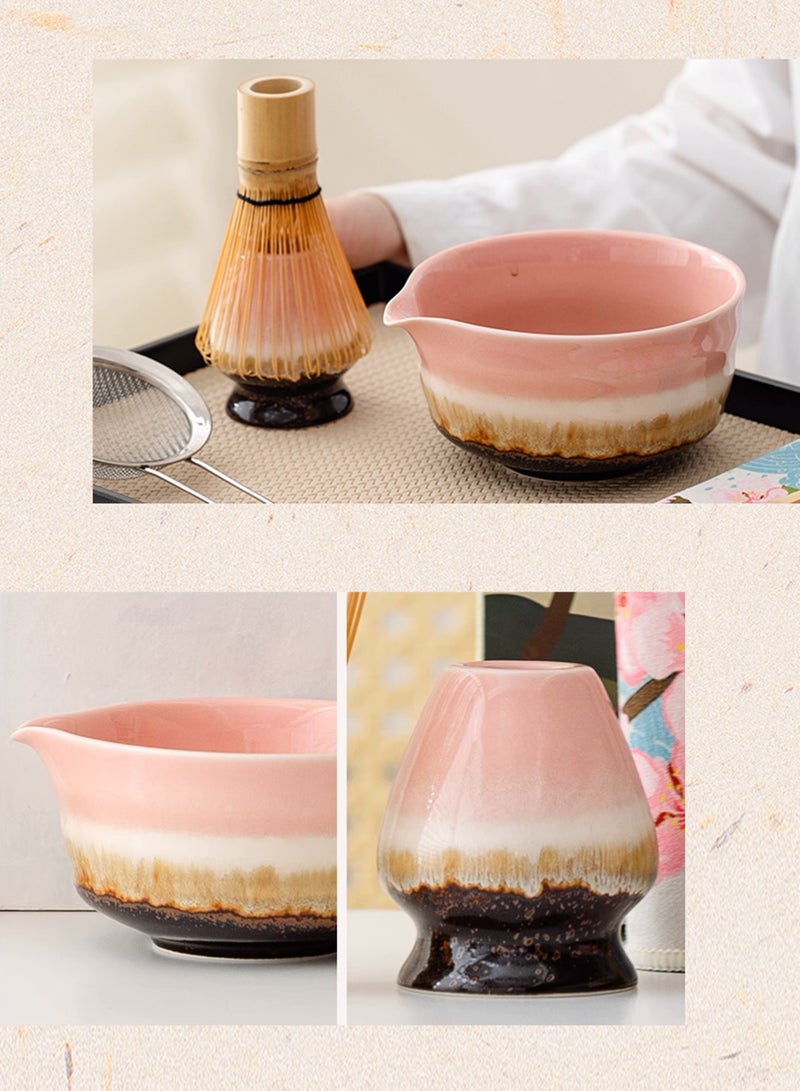 Squarecircle 4-piece Japanese Matcha Set with Spout, Ceramic Matcha Bowl+Whisk Holder+Bamboo Whisk+Spoon,for Traditional Tea Ceremony-Coarse Ceramic Perfect Handmade Matcha Kit to Prepare Traditional Matcha Tea, 100% Natural Matcha Gift Kit (Pink gradient) - Image 4
