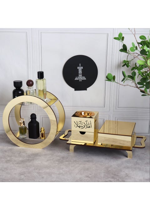 An Incense Burner Made of Luxurious Acrylic with an Arabic Phrase on it, with a Stand for Organizing Perfumes and a Box for Storing Incense. It Comes with an Elegant Incense Tray.