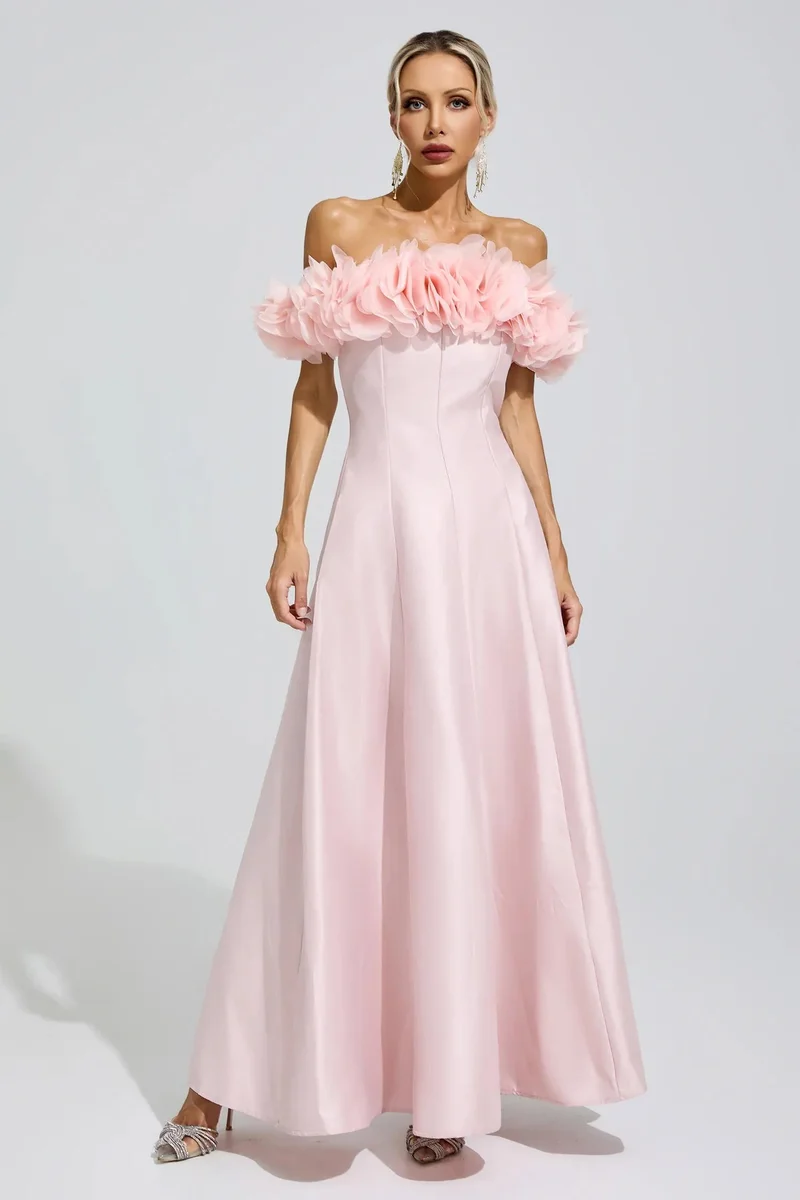Catchall Nightingale  3D Floral Strapless Satin Maxi Dress