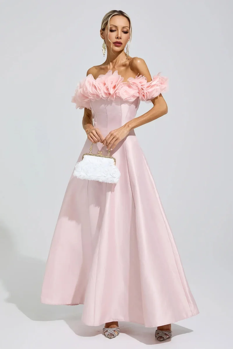 Catchall Nightingale  3D Floral Strapless Satin Maxi Dress