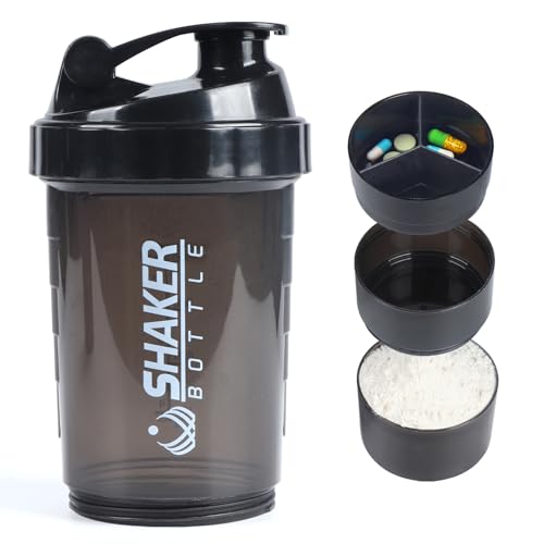 VIGIND Protein Shaker Bottle,Sports Water Bottle,Leak Proof Shake Bottle For Protein Mixer- Non Slip 3 Layer Twist Off 3oz Cups with Pill Tray - Protein Powder 16 oz Shake Cup with Storage,Black - Image 1