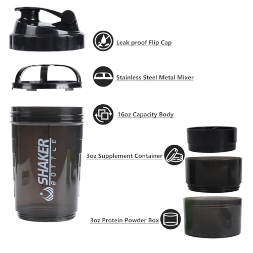 VIGIND Protein Shaker Bottle,Sports Water Bottle,Leak Proof Shake Bottle For Protein Mixer- Non Slip 3 Layer Twist Off 3oz Cups with Pill Tray - Protein Powder 16 oz Shake Cup with Storage,Black - Image 3