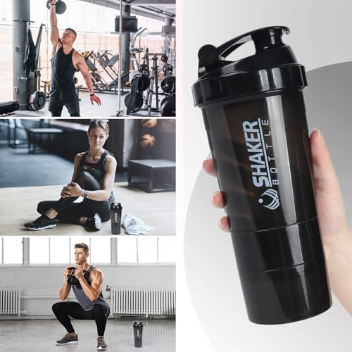 VIGIND Protein Shaker Bottle,Sports Water Bottle,Leak Proof Shake Bottle For Protein Mixer- Non Slip 3 Layer Twist Off 3oz Cups with Pill Tray - Protein Powder 16 oz Shake Cup with Storage,Black - Image 4