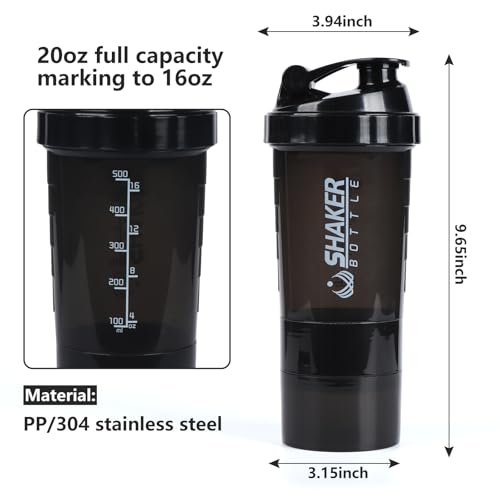 VIGIND Protein Shaker Bottle,Sports Water Bottle,Leak Proof Shake Bottle For Protein Mixer- Non Slip 3 Layer Twist Off 3oz Cups with Pill Tray - Protein Powder 16 oz Shake Cup with Storage,Black - Image 2