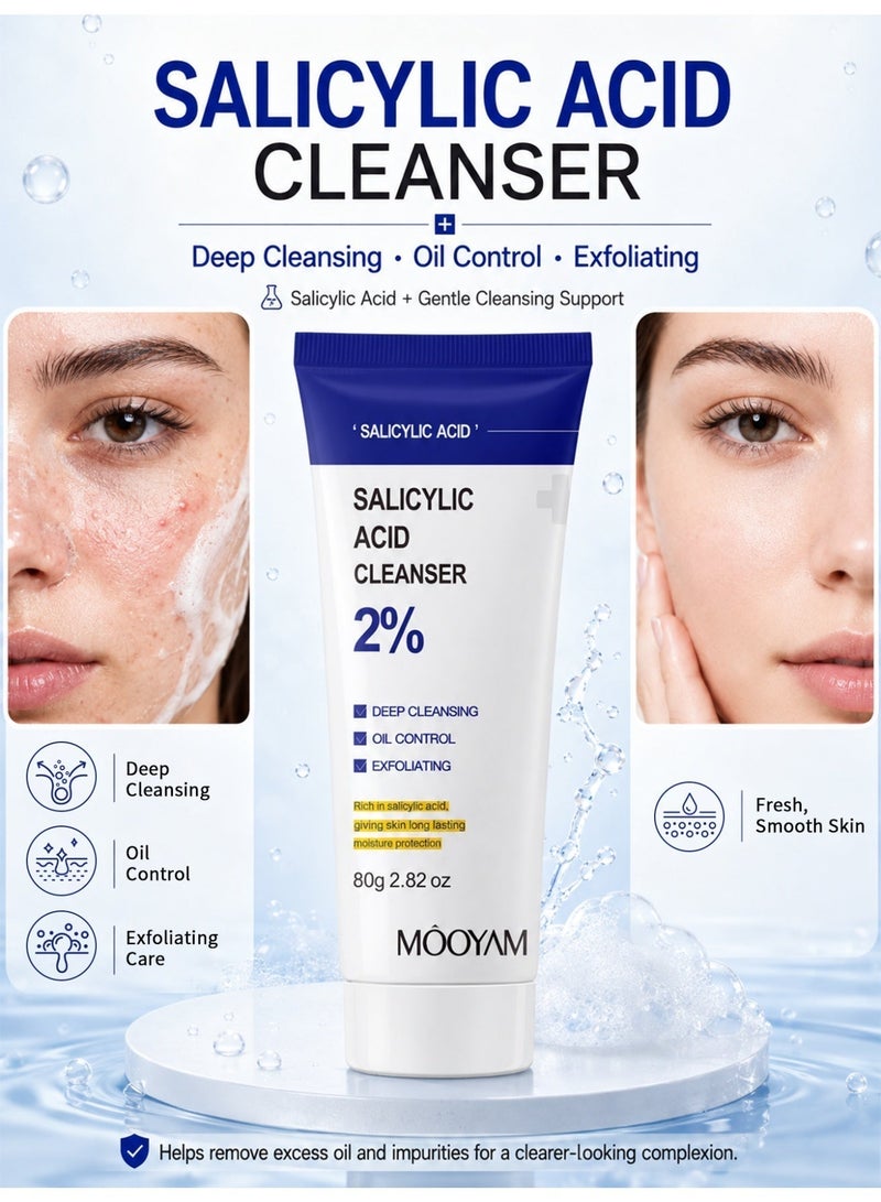 موويام MOOYAM منظف الوجه بحمض الساليسيليك 2%، منظف الوجه لحب الشباب، يقلل حب الشباب وآثاره | ينظف بعمق المسام المسدودة | للنساء والرجال | 80 جرام - Image 2