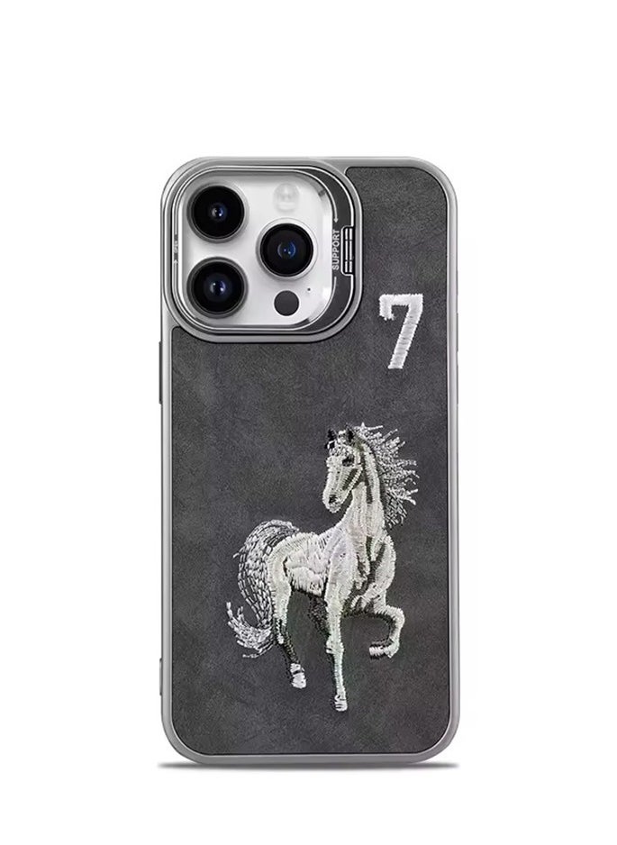 Generic Luxury Embossed Leather Case for iPhone 14 Pro Max with Stand and Anti-Fingerprint Soft Frame (Grey)  - Image 1