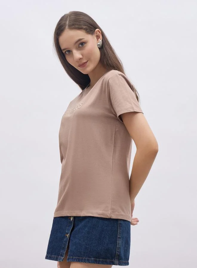 Styli Styli Women Brown Slogan Embroidered Short Sleeve Regular Fit T-Shirt
