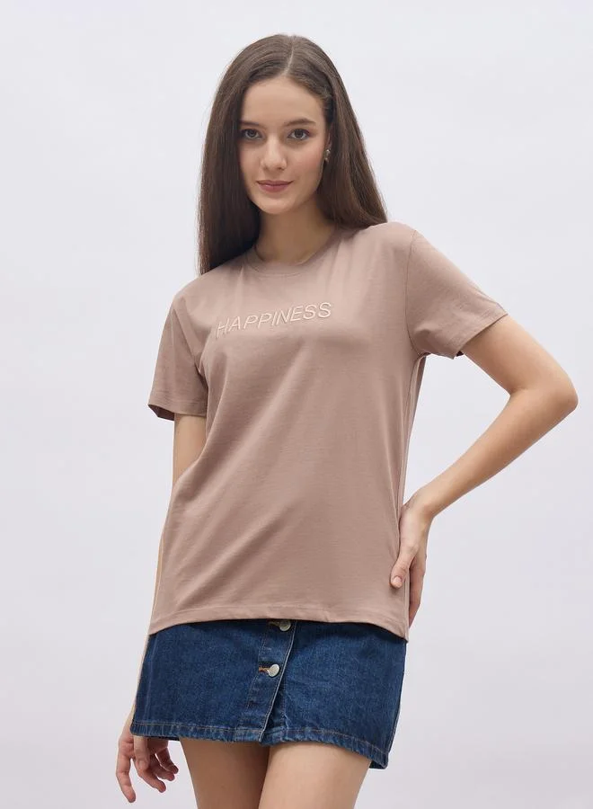 Brown Slogan Embroidered Regular Fit 100% Cotton T-Shirt