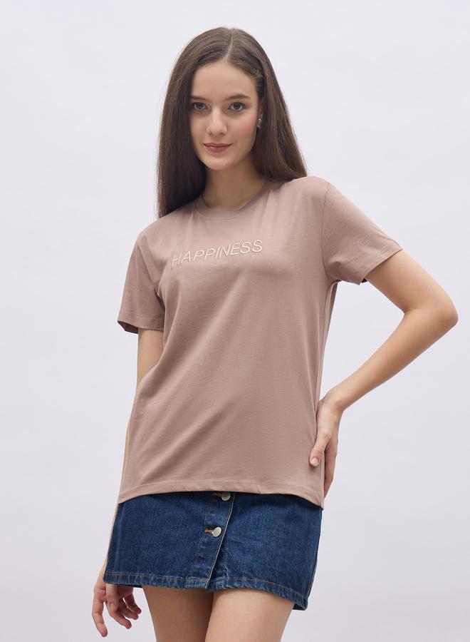Styli Brown Slogan Embroidered Regular Fit 100% Cotton T-Shirt - Image 1
