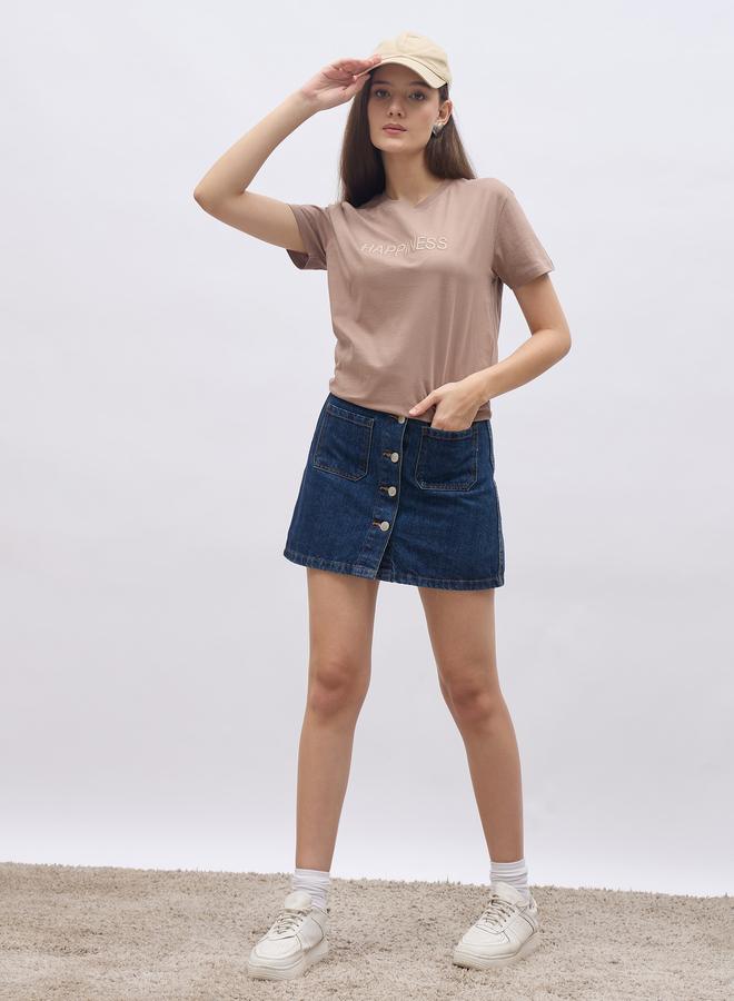 Styli Brown Slogan Embroidered Regular Fit 100% Cotton T-Shirt - Image 2