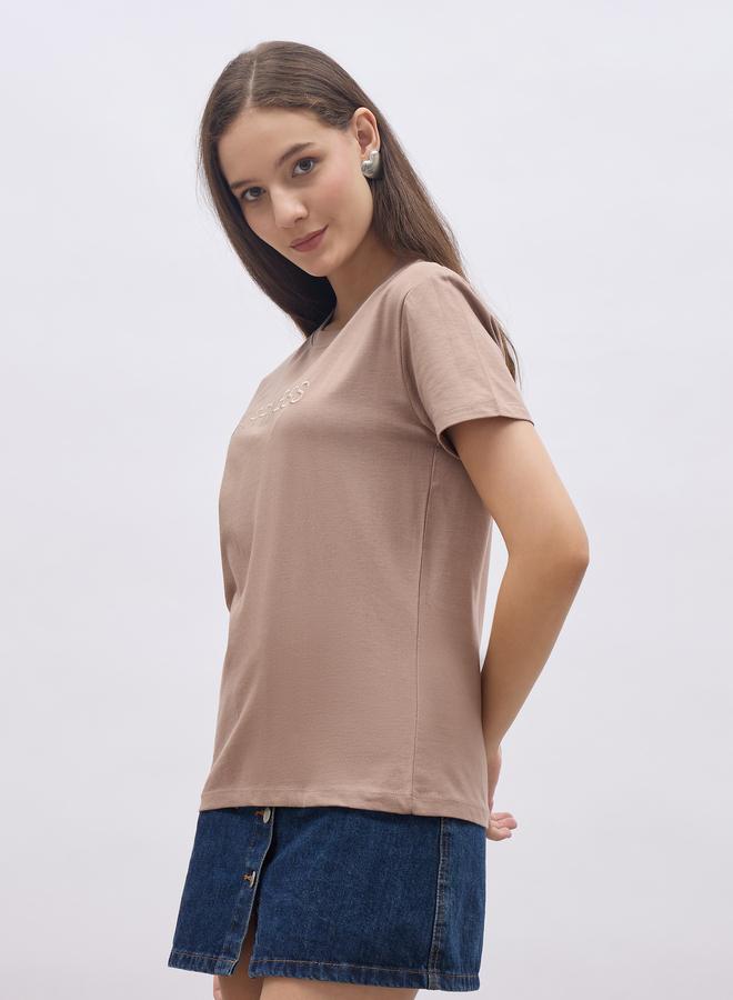 Styli Brown Slogan Embroidered Regular Fit 100% Cotton T-Shirt - Image 3
