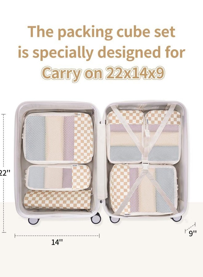 Narwey 6 Set Checkered Compression Packing Cubes for Travel Women Kids Carry on, Cute Packing Organizers Bag for Luggage Suitcase Backpack Duffle Bags (Light Checkerboard) - Image 2