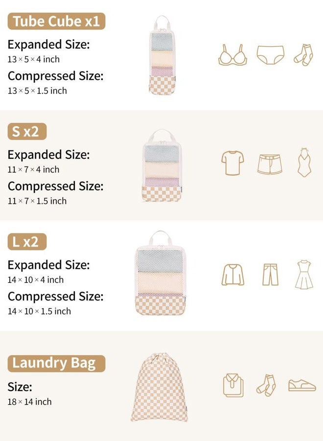 Narwey 6 Set Checkered Compression Packing Cubes for Travel Women Kids Carry on, Cute Packing Organizers Bag for Luggage Suitcase Backpack Duffle Bags (Light Checkerboard) - Image 4