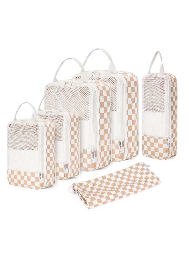 Narwey 6 Set Checkered Compression Packing Cubes for Travel Women Kids Carry on, Cute Packing Organizers Bag for Luggage Suitcase Backpack Duffle Bags (Light Checkerboard) - Image 1