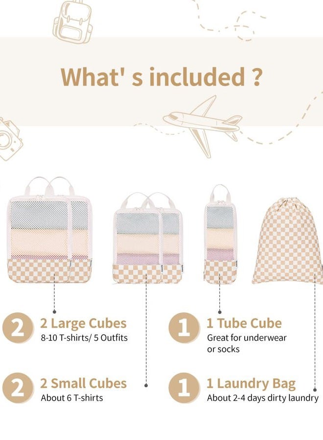 Narwey 6 Set Checkered Compression Packing Cubes for Travel Women Kids Carry on, Cute Packing Organizers Bag for Luggage Suitcase Backpack Duffle Bags (Light Checkerboard) - Image 3