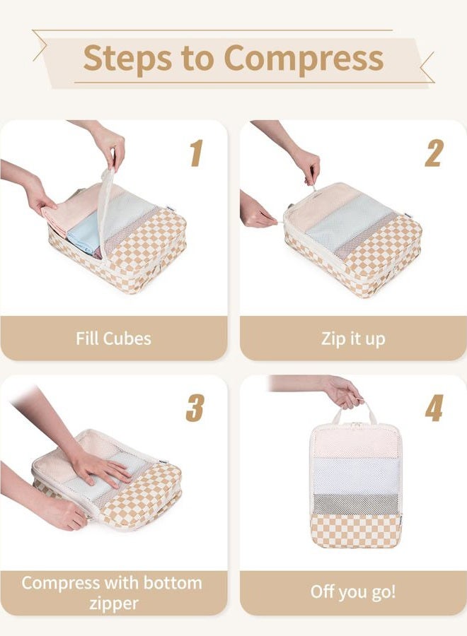 Narwey 6 Set Checkered Compression Packing Cubes for Travel Women Kids Carry on, Cute Packing Organizers Bag for Luggage Suitcase Backpack Duffle Bags (Light Checkerboard) - Image 5