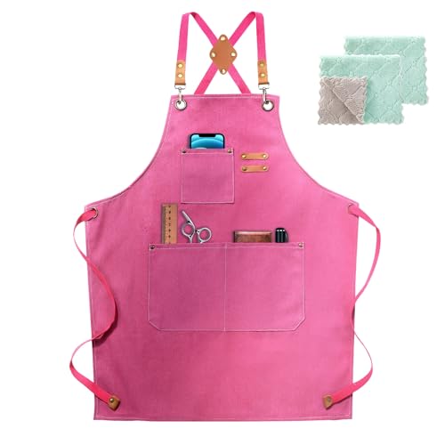 ZOMAO Apron for Women,Baking Kitchen Cooking Apron with Pockets, Cotton Canvas Cross Back Apron with Adjustable Strap and Large Pockets,BBQ Drawing Crafting Aprons for Women Chef (Pink) - Image 1