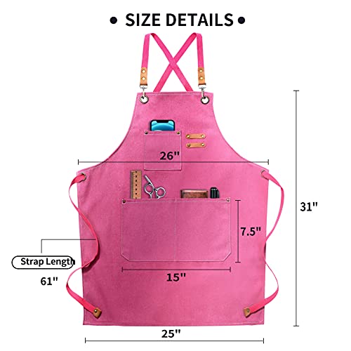 ZOMAO Apron for Women,Baking Kitchen Cooking Apron with Pockets, Cotton Canvas Cross Back Apron with Adjustable Strap and Large Pockets,BBQ Drawing Crafting Aprons for Women Chef (Pink) - Image 5