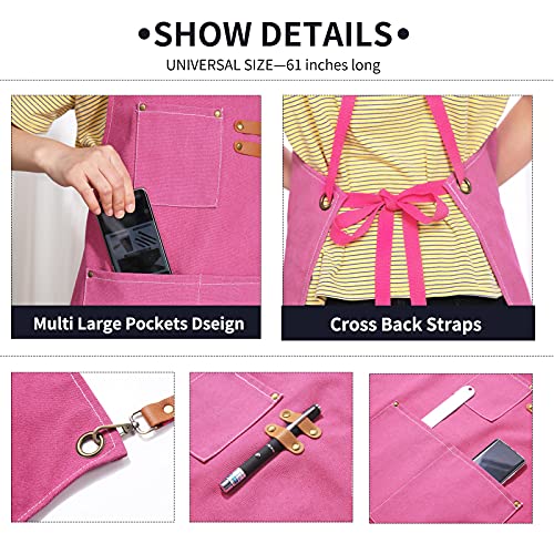 ZOMAO Apron for Women,Baking Kitchen Cooking Apron with Pockets, Cotton Canvas Cross Back Apron with Adjustable Strap and Large Pockets,BBQ Drawing Crafting Aprons for Women Chef (Pink) - Image 4