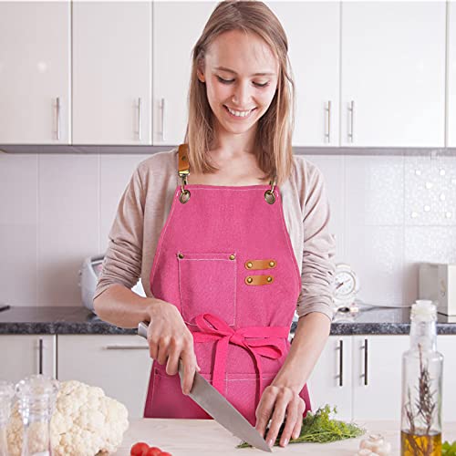ZOMAO Apron for Women,Baking Kitchen Cooking Apron with Pockets, Cotton Canvas Cross Back Apron with Adjustable Strap and Large Pockets,BBQ Drawing Crafting Aprons for Women Chef (Pink) - Image 2