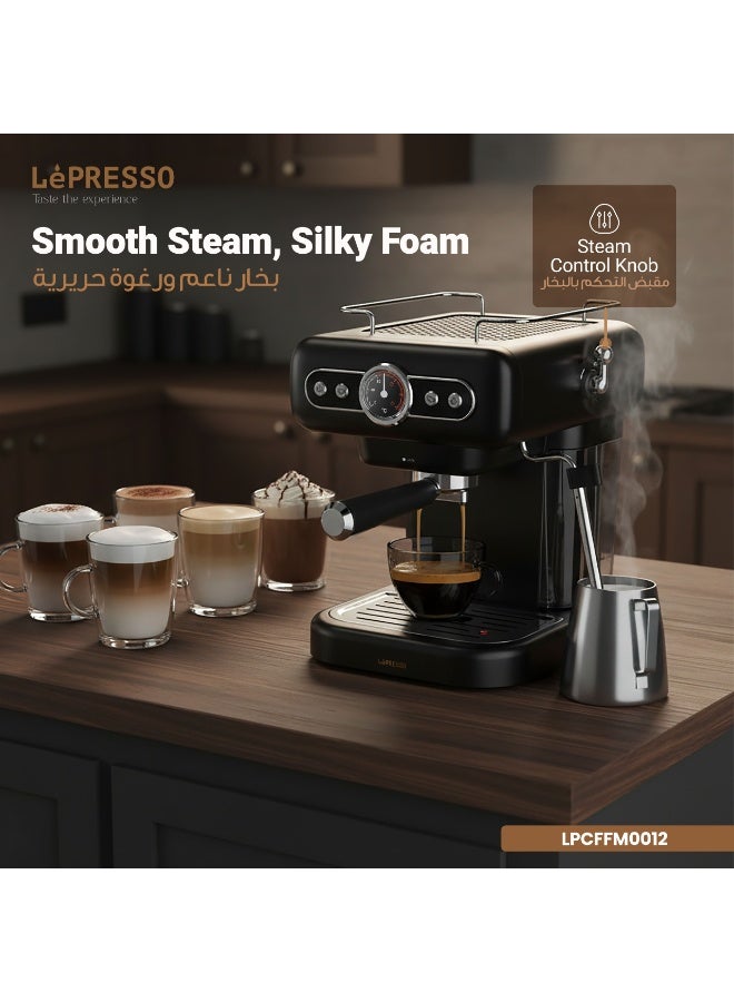 LePRESSO Retro Espresso Coffee Machine Boiler Gauge and Milk Frother, 1.2L Coffee Maker 950W, 15Bar Pump, CUP Warmer, Steam Control, Portable - Black - Image 3