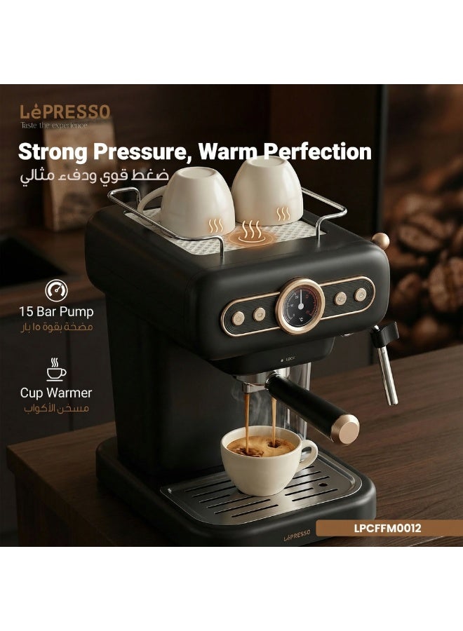 LePRESSO Retro Espresso Coffee Machine Boiler Gauge and Milk Frother, 1.2L Coffee Maker 950W, 15Bar Pump, CUP Warmer, Steam Control, Portable - Black - Image 2