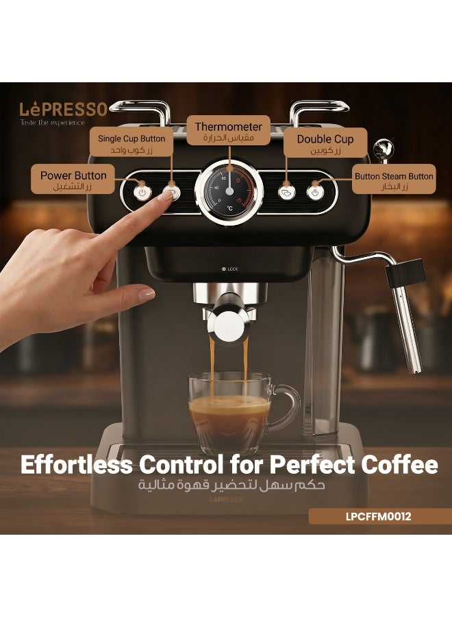 LePRESSO Retro Espresso Coffee Machine Boiler Gauge and Milk Frother, 1.2L Coffee Maker 950W, 15Bar Pump, CUP Warmer, Steam Control, Portable - Black - Image 4