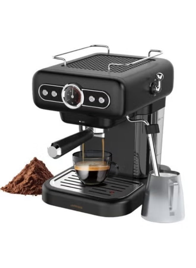 LePRESSO Retro Espresso Coffee Machine Boiler Gauge and Milk Frother, 1.2L Coffee Maker 950W, 15Bar Pump, CUP Warmer, Steam Control, Portable - Black - Image 1