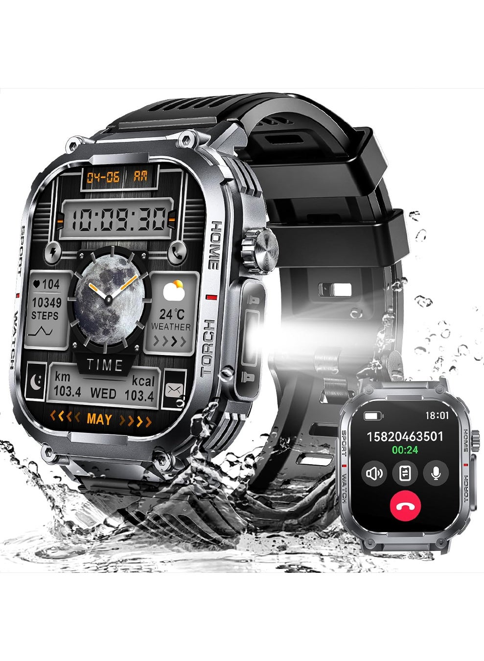 X-level Smart Watch for Men 3ATM Waterproof with Call/LED Flashlight 2.02" HD Big Screen Rugged Tactical Smartwatch with Compass Fitness Tracker with HR/SPO2/Sleep Monitor for iPhone Android (Black)