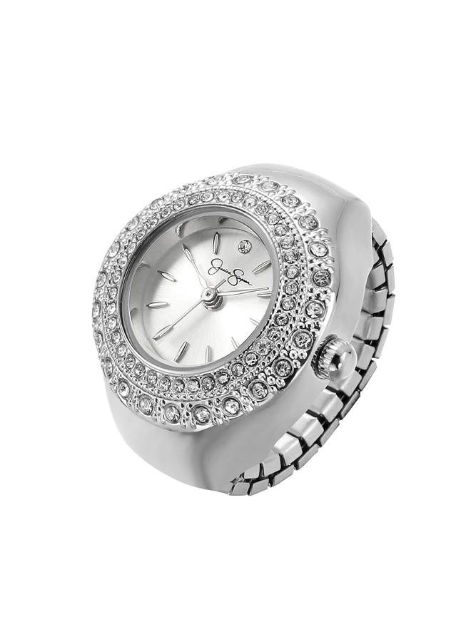 Jessica Simpson Women's Silver Adjustable Ring Watch – Crystal Bezel, Quartz Analog Mini Dial, Stretch Band Fashion Jewelry Accessory - Image 1