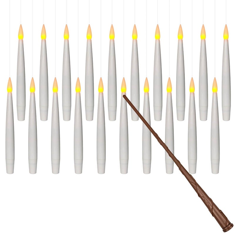 Leejec 20pcs Flameless Taper Floating Candles with Magic Wand Remote Flickering Warm Light Battery Operated 61 LED Electric Window Candle Decor for Christmas Wedding Halloween Birthday Party