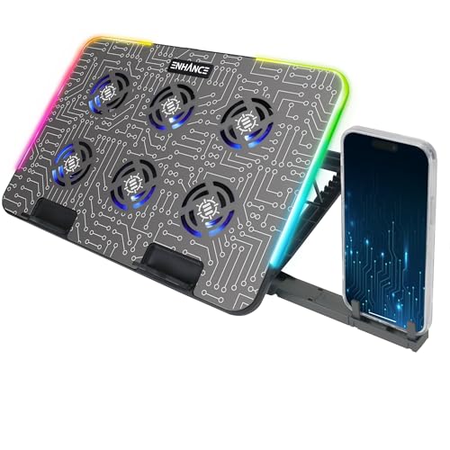 ENHANCE Gaming Voltaic 2 Laptop Cooling Stand - Laptop Cooling Pad with 6 Blue LED Fans, 7 Height Settings, RGB Lighting - Metal Top Cooler Pad with Phone Stand, 2 USB Ports for up to 17 inches - Image 1