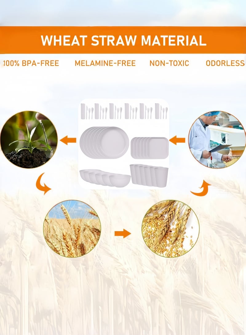 nihao طقم عشاء مكون من 48 قطعة، أطباق 6 بوصات من قش القمح، أطباق دائرية 9 بوصات، طبق مربع 5.5 بوصات، أكواب 3.15 بوصات، أدوات مائدة، طقم أدوات مائدة، خدمة لـ 6 أشخاص، أطباق عشاء، طبق حلوى، أطباق حبوب، أكواب، أطباق بلاستيكية ملونة غير قابلة للكسر للتخييم في الهواء الطلق، أبيض ساحلي - Image 4