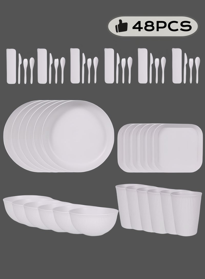 nihao طقم عشاء مكون من 48 قطعة، أطباق 6 بوصات من قش القمح، أطباق دائرية 9 بوصات، طبق مربع 5.5 بوصات، أكواب 3.15 بوصات، أدوات مائدة، طقم أدوات مائدة، خدمة لـ 6 أشخاص، أطباق عشاء، طبق حلوى، أطباق حبوب، أكواب، أطباق بلاستيكية ملونة غير قابلة للكسر للتخييم في الهواء الطلق، أبيض ساحلي - Image 1