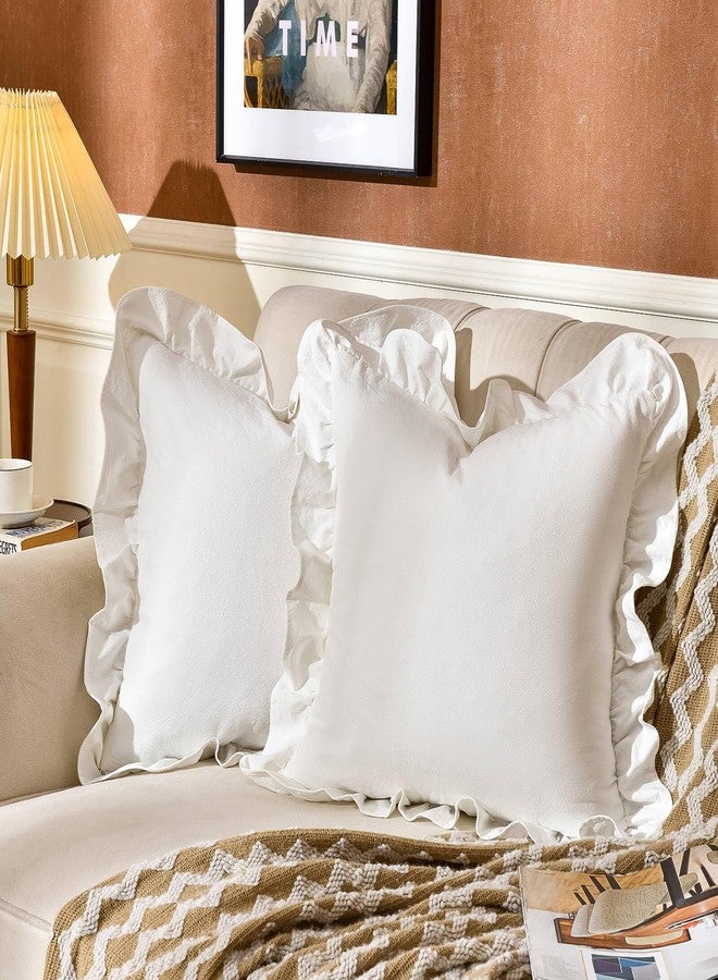 AmHoo Pack of 2 Throw Pillow Covers 100% Cotton Pre Washed Ruffle Decorative Pillowcase Cushion for Couch Sofa Bedroom 18 x 18-Inch Cream White - Image 1