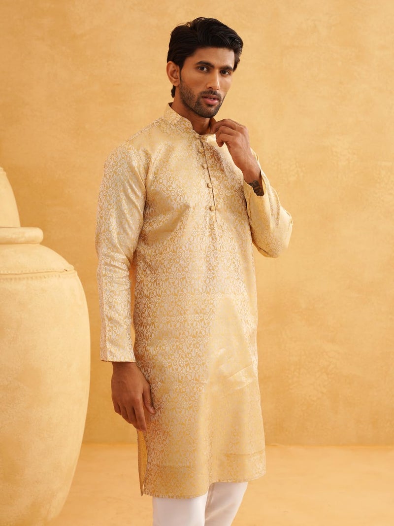 SOJANYA (Since 1958 Men's Silk Blend Paisley Design Gold Only Long Kurta - Image 2