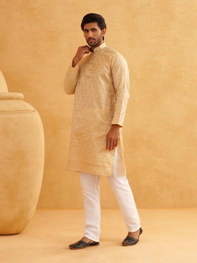 SOJANYA (Since 1958 Men's Silk Blend Paisley Design Gold Only Long Kurta - Image 3