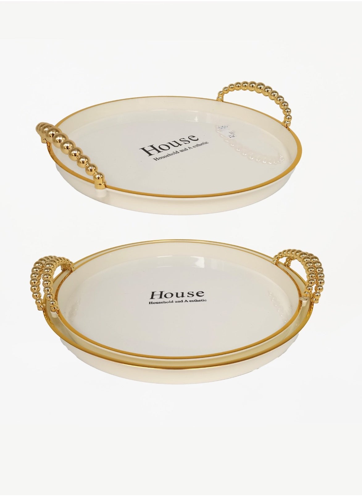 Living A set of two-piece circular serving trays with an elegant wavy design, sugar/gold 