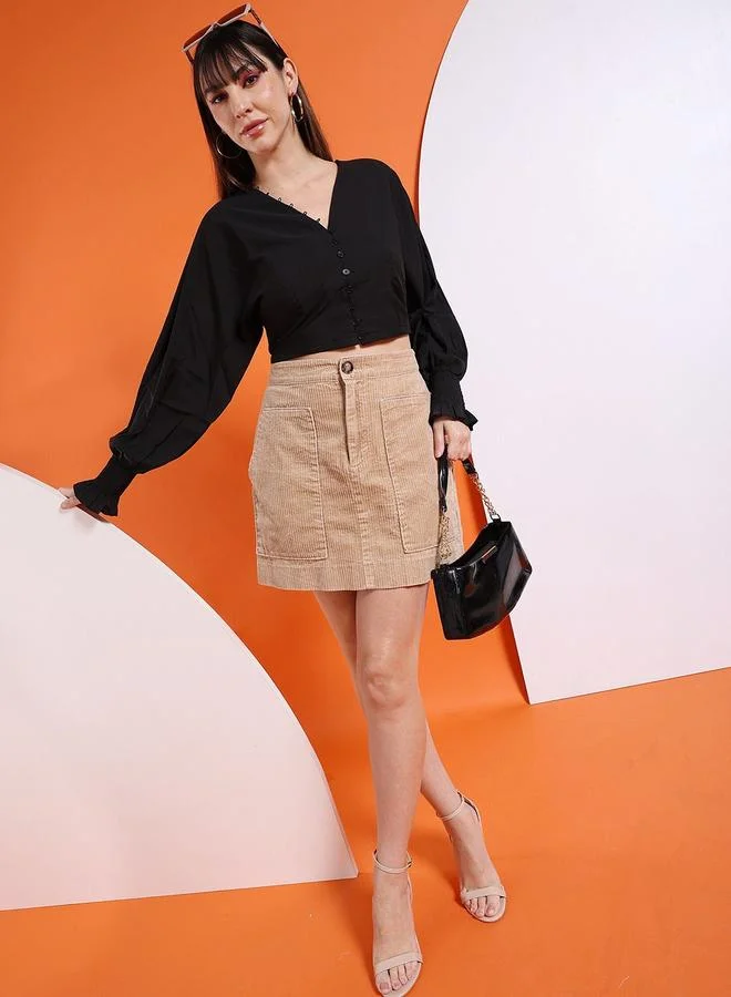 Freehand Freehand Women Black Crop Top with Button Placket