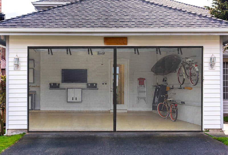 Elytsemoh Garage Screen Doors for 2-Car Garage -16x7FT, Fiberglass 2300g/5.1 Lb Heavy Duty Magnetic Door Screen, Hands-Free with 6 Roll Up Straps for Patio, Outdoor, Gym, Sun House Porch, Black - Image 1