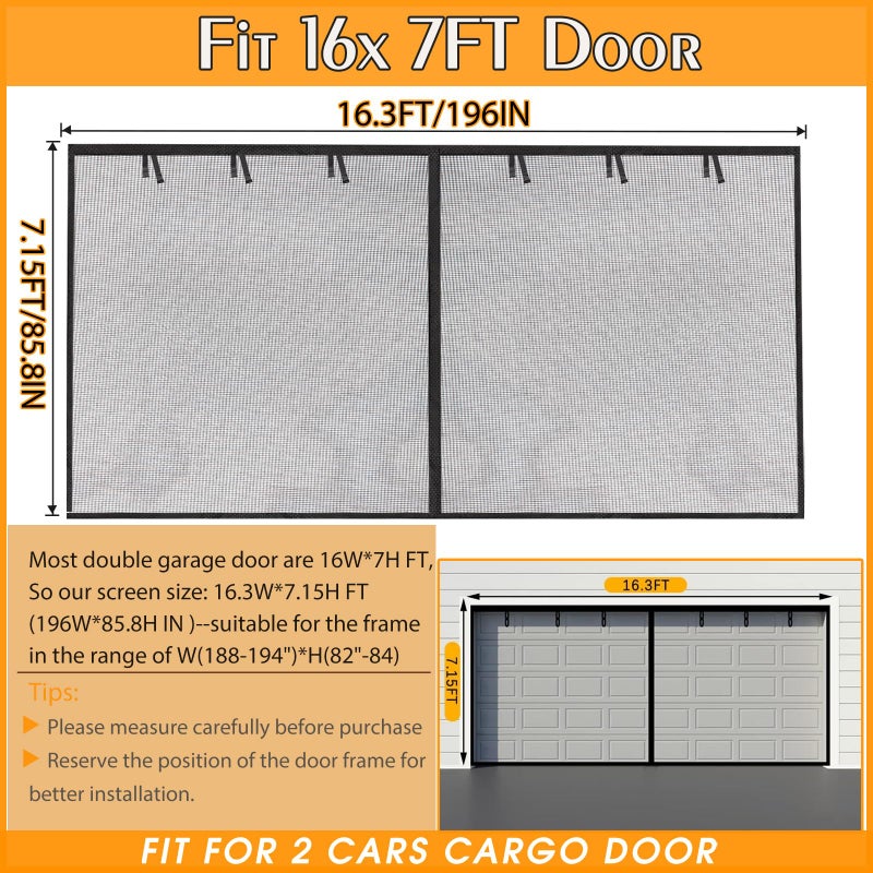 Elytsemoh Garage Screen Doors for 2-Car Garage -16x7FT, Fiberglass 2300g/5.1 Lb Heavy Duty Magnetic Door Screen, Hands-Free with 6 Roll Up Straps for Patio, Outdoor, Gym, Sun House Porch, Black - Image 2