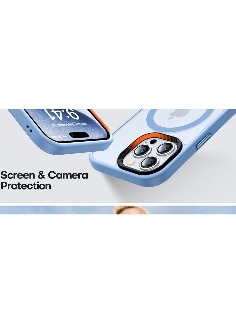 حالة مغناطيسية لـ iPhone 15 Pro Max Case متوافقة مع حماية Magsafe العسكرية للصف العسكري الشفاف غير اللامع في حالة الهاتف المضاد للصدمة (الأزرق الفاتح)