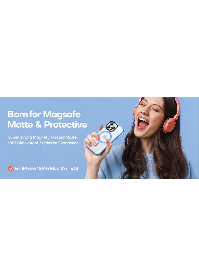 حالة مغناطيسية لـ iPhone 15 Pro Max Case متوافقة مع حماية Magsafe العسكرية للصف العسكري الشفاف غير اللامع في حالة الهاتف المضاد للصدمة (الأزرق الفاتح)