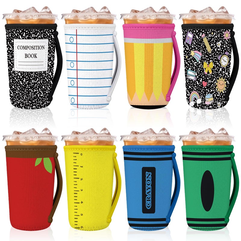 SiliFine 8 Pcs Teacher Graduation Gifts Reusable Iced Coffee Sleeves Bulk End of Year Teacher Gift Durable Drink Sleeve for Iced Hot Drinks Cold Beverage Cooler CompatiblePattern - Image 2